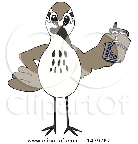 Clipart of a Sandpiper Bird School Mascot Character Holding a Cell Phone - Royalty Free Vector Illustration by Mascot Junction