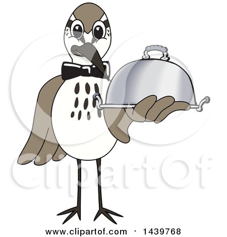 Clipart of a Sandpiper Bird School Mascot Character Waiter Holding a Cloche Platter - Royalty Free Vector Illustration by Mascot Junction