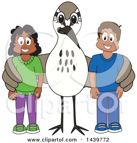 Clipart of a Sandpiper Bird School Mascot Character with Happy Students - Royalty Free Vector Illustration by Mascot Junction
