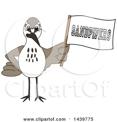 Clipart of a Sandpiper Bird School Mascot Character Holding a Flag - Royalty Free Vector Illustration by Mascot Junction