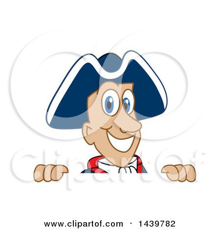 Clipart of a Patriot School Mascot Character Looking over a Sign - Royalty Free Vector Illustration by Mascot Junction