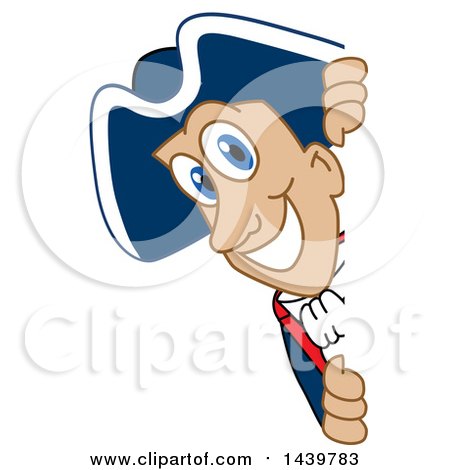 Clipart of a Patriot School Mascot Character Looking Around a Sign - Royalty Free Vector Illustration by Mascot Junction