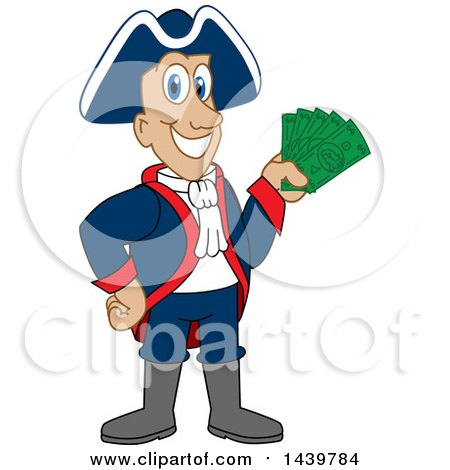 Clipart of a Patriot School Mascot Character Holding Cash Money - Royalty Free Vector Illustration by Mascot Junction