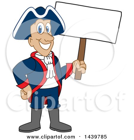 Clipart of a Patriot School Mascot Character Holding a Blank Sign - Royalty Free Vector Illustration by Mascot Junction