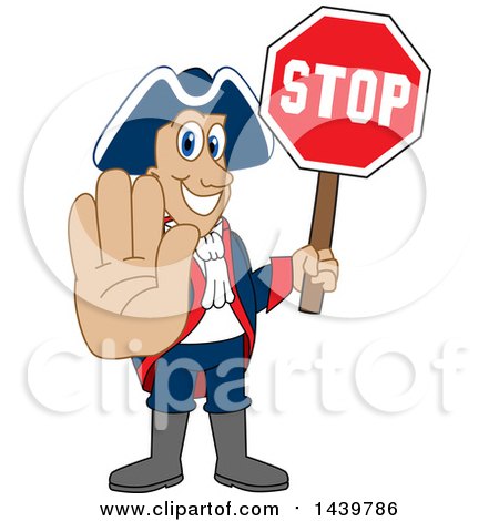 Clipart of a Patriot School Mascot Character Holding a Stop Sign - Royalty Free Vector Illustration by Mascot Junction
