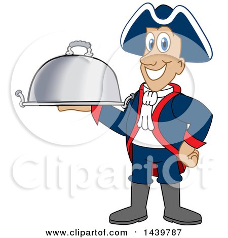 Clipart of a Patriot School Mascot Character Holding a Cloche Platter - Royalty Free Vector Illustration by Mascot Junction