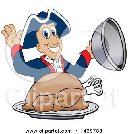 Clipart of a Patriot School Mascot Character Serving a Roasted Thanksgiving Turkey - Royalty Free Vector Illustration by Mascot Junction