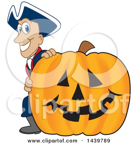 Clipart of a Patriot School Mascot Character with a Halloween Pumpkin - Royalty Free Vector Illustration by Mascot Junction