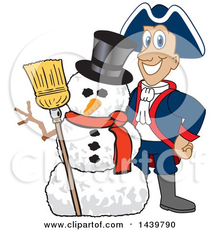 Clipart of a Patriot School Mascot Character with a Snowman - Royalty Free Vector Illustration by Mascot Junction