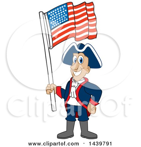 Clipart of a Patriot School Mascot Character Waving an American Flag - Royalty Free Vector Illustration by Mascot Junction