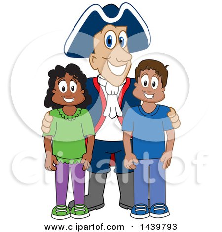Clipart of a Patriot School Mascot Character with Happy Students - Royalty Free Vector Illustration by Mascot Junction