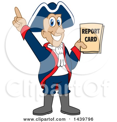 Clipart of a Patriot School Mascot Character Holding a Report Card - Royalty Free Vector Illustration by Mascot Junction