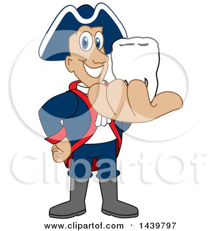 Clipart of a Patriot School Mascot Character Holding a Tooth - Royalty Free Vector Illustration by Mascot Junction