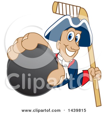 Clipart of a Patriot School Mascot Character Grabbing a Hockey Puck and Holding a Stick - Royalty Free Vector Illustration by Mascot Junction