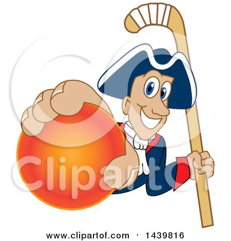 Clipart of a Patriot School Mascot Character Grabbing a Field Hockey Ball and Holding a Stick - Royalty Free Vector Illustration by Mascot Junction