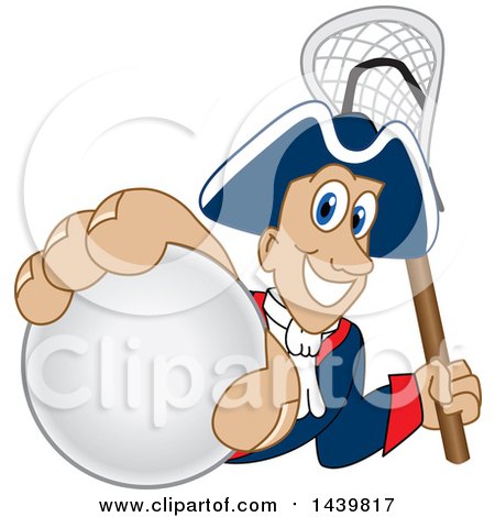 Clipart of a Patriot School Mascot Character Grabbing a Lacrosse Ball and Holding a Stick - Royalty Free Vector Illustration by Mascot Junction