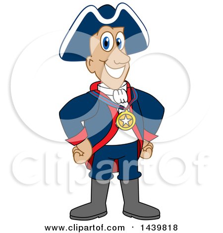 Clipart of a Patriot School Mascot Character Wearing a Sports Medal - Royalty Free Vector Illustration by Mascot Junction