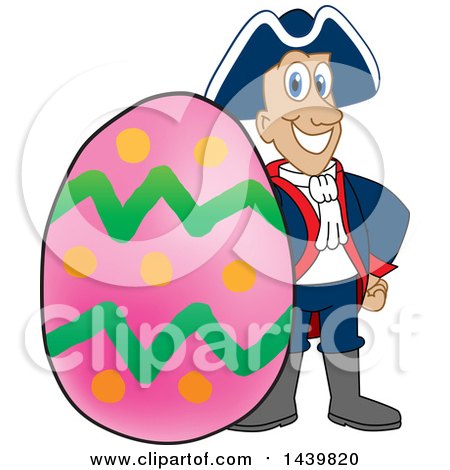 Clipart of a Patriot School Mascot Character with an Easter Egg - Royalty Free Vector Illustration by Mascot Junction