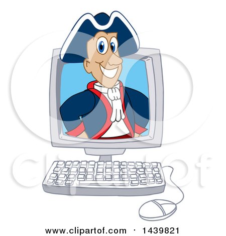 Clipart of a Patriot School Mascot Character Emerging from a Computer Screen - Royalty Free Vector Illustration by Mascot Junction