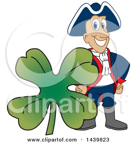 Clipart of a Patriot School Mascot Character with a St Patricks Day Clover - Royalty Free Vector Illustration by Mascot Junction