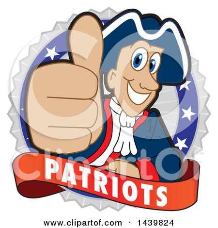 Clipart of a Patriot School Mascot Character Giving a Thumb up on a Badge - Royalty Free Vector Illustration by Mascot Junction