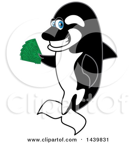Clipart of a Killer Whale Orca School Mascot Character Holding Cash Money - Royalty Free Vector Illustration by Mascot Junction