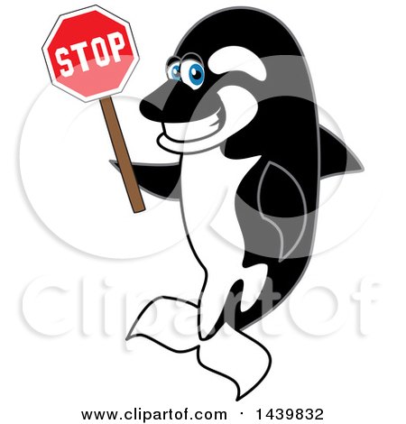 Clipart of a Killer Whale Orca School Mascot Character Holding a Stop Sign - Royalty Free Vector Illustration by Mascot Junction
