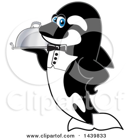 Clipart of a Killer Whale Orca School Mascot Character Waiter Holding a Cloche Platter - Royalty Free Vector Illustration by Mascot Junction