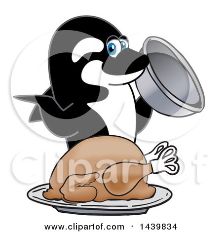 Clipart of a Killer Whale Orca School Mascot Character Serving a Thanksgiving Turkey - Royalty Free Vector Illustration by Mascot Junction