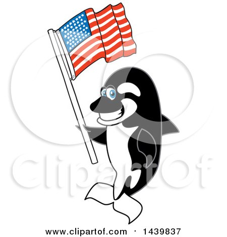 Clipart of a Killer Whale Orca School Mascot Character Waving American Flag - Royalty Free Vector Illustration by Mascot Junction
