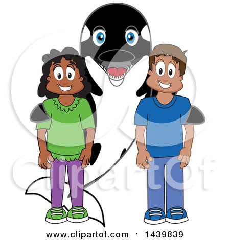 Clipart of a Killer Whale Orca School Mascot Character with Happy Students - Royalty Free Vector Illustration by Mascot Junction