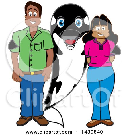Clipart of a Killer Whale Orca School Mascot Character with Happy Parents or Teachers - Royalty Free Vector Illustration by Mascot Junction