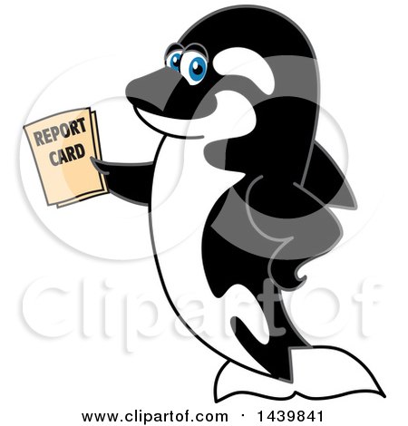 Clipart of a Killer Whale Orca School Mascot Character Holding a Report Card - Royalty Free Vector Illustration by Mascot Junction