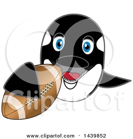 Clipart of a Killer Whale Orca School Mascot Character Grabbing a Football - Royalty Free Vector Illustration by Mascot Junction