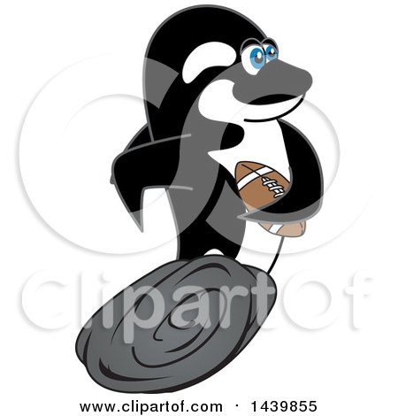 Clipart of a Killer Whale Orca School Mascot Character Playing Football - Royalty Free Vector Illustration by Mascot Junction