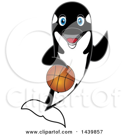 Clipart of a Killer Whale Orca School Mascot Character Playing Basketball - Royalty Free Vector Illustration by Mascot Junction