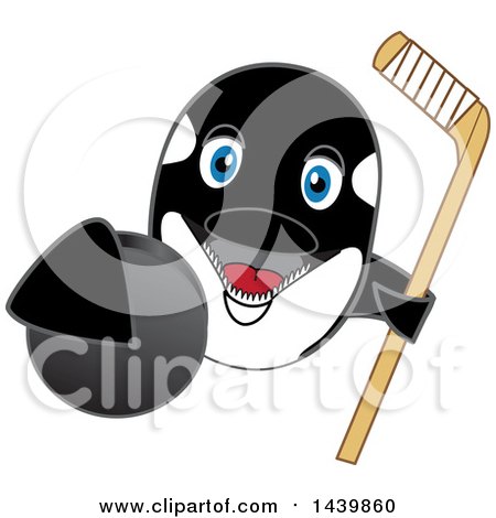 Clipart of a Killer Whale Orca School Mascot Character Grabbing a Hockey Puck and Holding a Stick - Royalty Free Vector Illustration by Mascot Junction