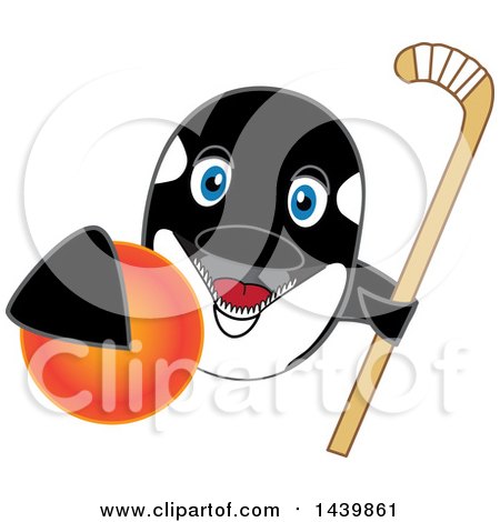 Clipart of a Killer Whale Orca School Mascot Character Grabbing a Field Hockey Ball and Holding a Stick - Royalty Free Vector Illustration by Mascot Junction