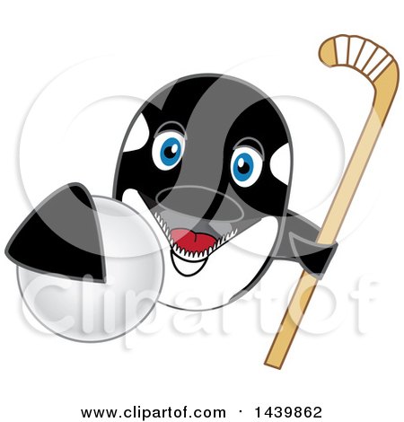 Clipart of a Killer Whale Orca School Mascot Character Grabbing a Hockey Ball and Holding a Stick - Royalty Free Vector Illustration by Mascot Junction