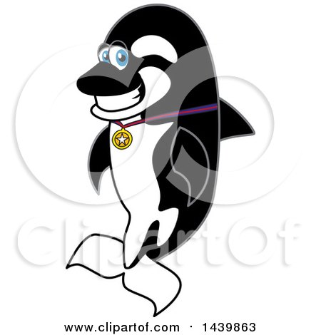 Clipart of a Killer Whale Orca School Mascot Character Wearing a Sports Medal - Royalty Free Vector Illustration by Mascot Junction