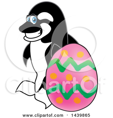 Clipart of a Killer Whale Orca School Mascot Character with an Easter Egg - Royalty Free Vector Illustration by Mascot Junction