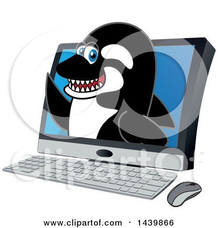 Clipart of a Killer Whale Orca School Mascot Character Emerging from a Computer Screen - Royalty Free Vector Illustration by Mascot Junction
