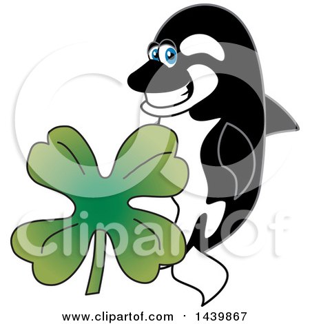 Clipart of a Killer Whale Orca School Mascot Character with a St Patricks Day Clover - Royalty Free Vector Illustration by Mascot Junction