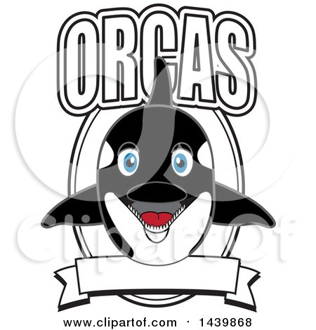 Clipart of a Killer Whale Orca School Mascot Character with Text and a Banner - Royalty Free Vector Illustration by Mascot Junction