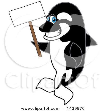 Clipart of a Killer Whale Orca School Mascot Character Holding a Blank Sign - Royalty Free Vector Illustration by Mascot Junction