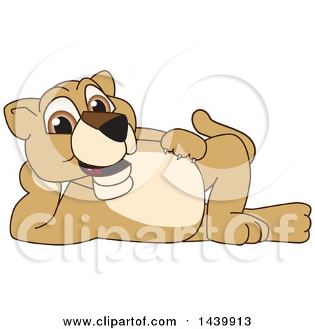 Clipart of a Lion Cub School Mascot Character Resting on His Side - Royalty Free Vector Illustration by Mascot Junction