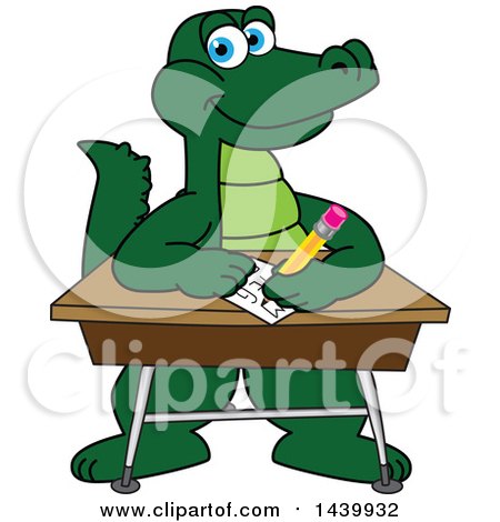 Clipart of a Gator School Mascot Character Writing at a Desk - Royalty Free Vector Illustration by Mascot Junction