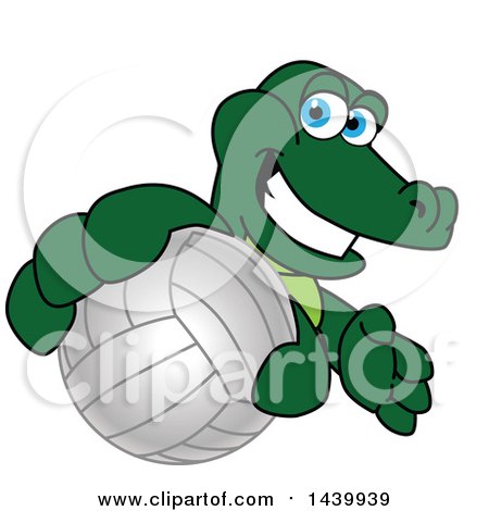 Clipart of a Gator School Mascot Character Grabbing a Volleyball - Royalty Free Vector Illustration by Mascot Junction
