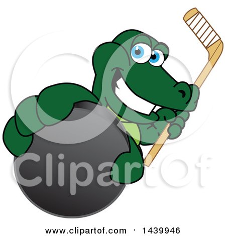 Clipart of a Gator School Mascot Character Grabbing a Hockey Puck and Holding a Stick - Royalty Free Vector Illustration by Mascot Junction