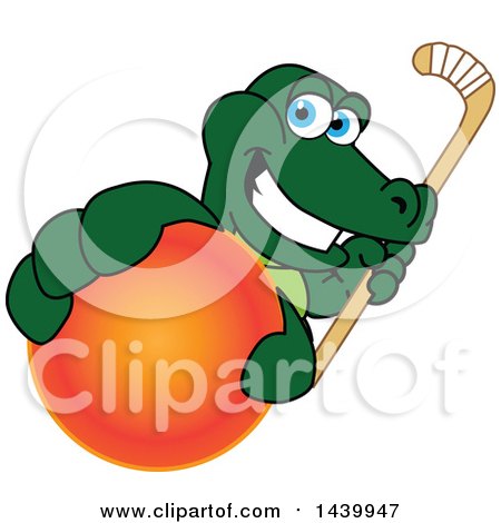 Clipart of a Gator School Mascot Character Grabbing a Field Hockey Ball and Holding a Stick - Royalty Free Vector Illustration by Mascot Junction